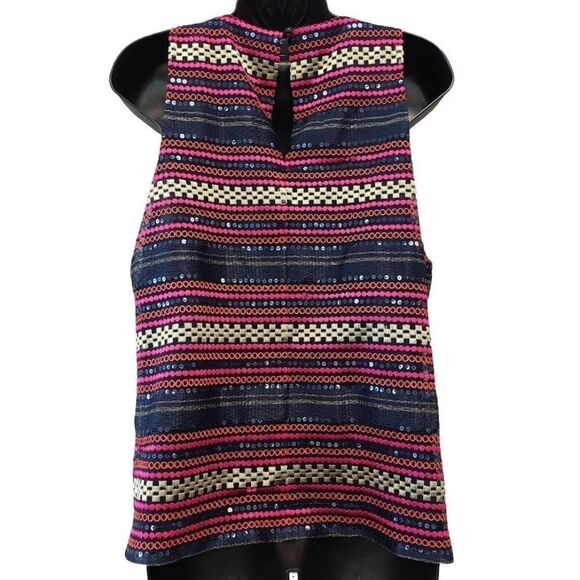Trina Turk Sequined Blouse Top Women's 6 SMALL Pink Blue Orange Gold Embroidered - Picture 3 of 12